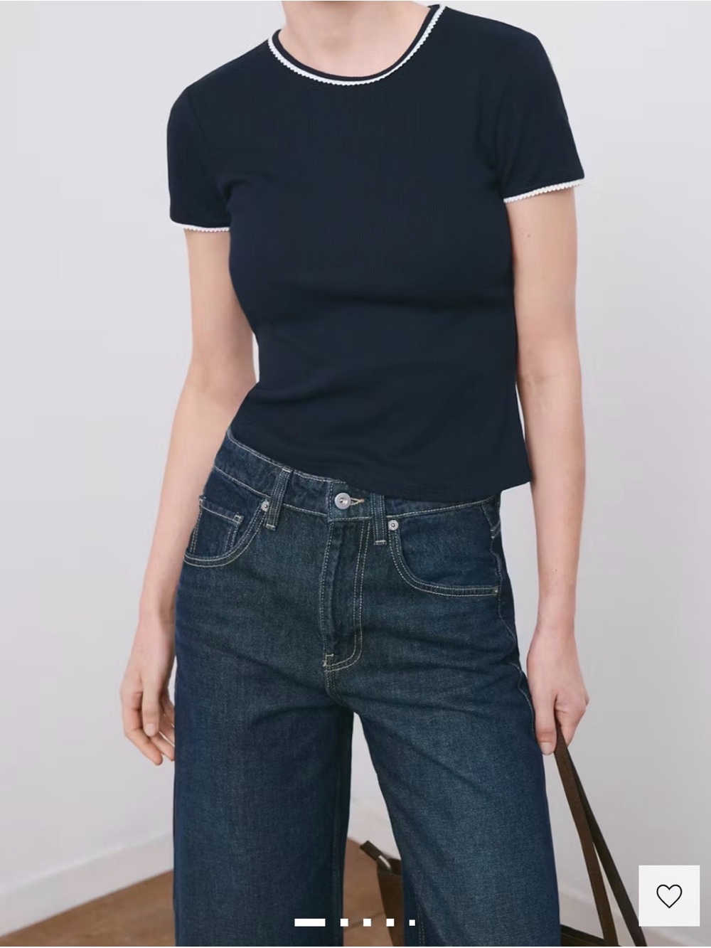 Mango Navy Short-Sleeve Ribbed Tee with White Trim